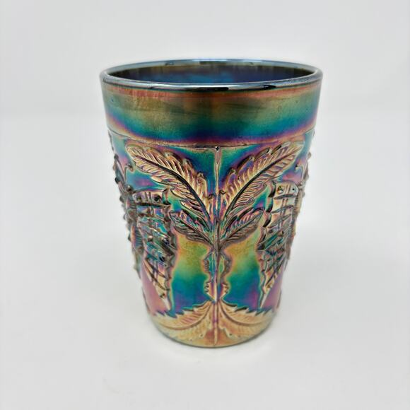 Antique Fenton Glass Cobalt Blue Carnival Glass Butterfly & Fern Tumbler #910 - Picture 3 of 8